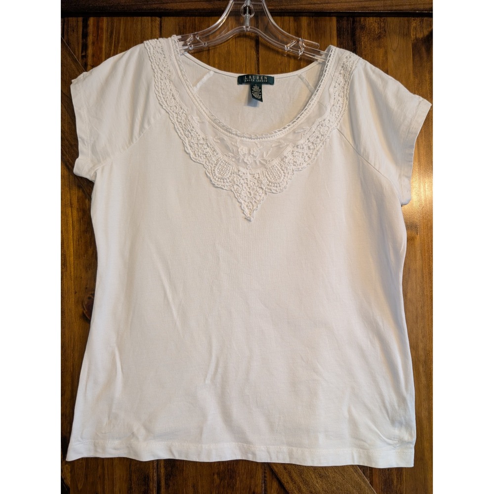 Lauren Ralph Lauren White Cotton Crochet Lace Bib Cap Sleeve Top Large